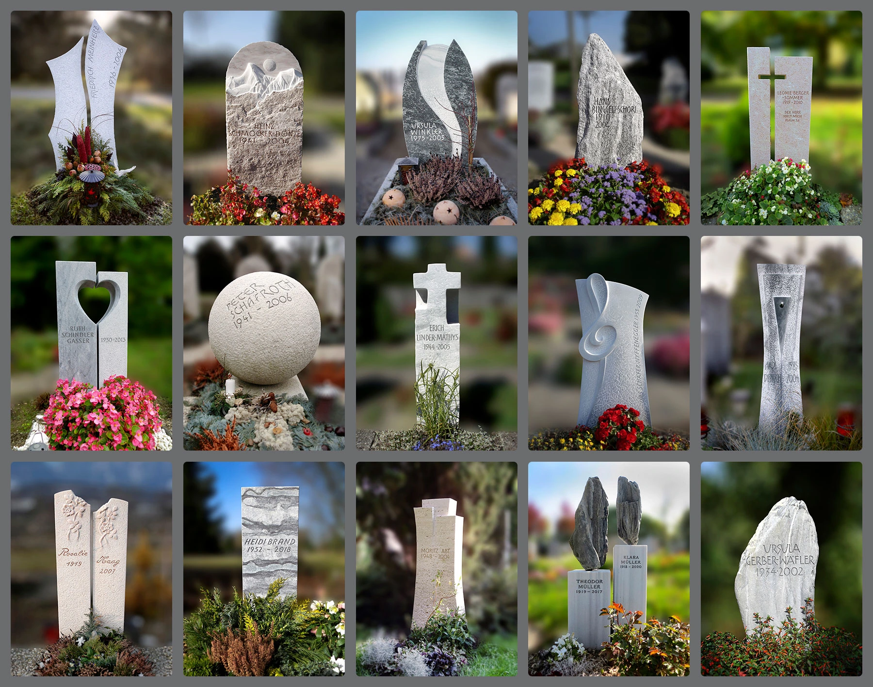 Galerie moderner und klassischer Grabsteine aus Naturstein &ndash; gefertigt vom Steinmetz in Thun, Bern.